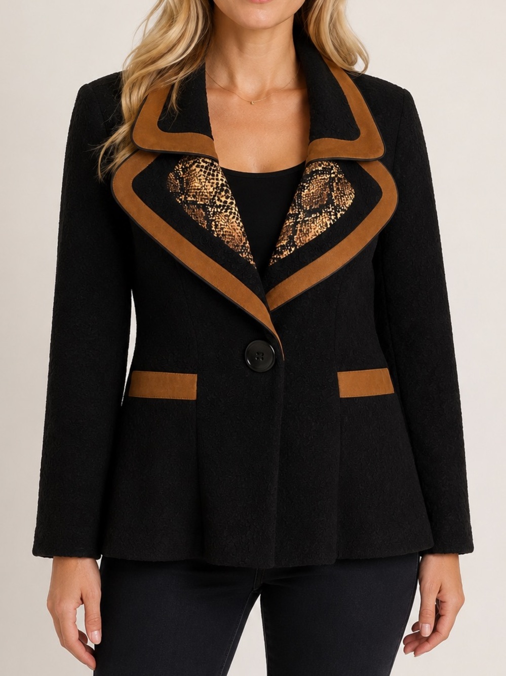Joseph Ribkoff Textured Black Jacket Animal Snake Print Trim Faux Suede Size 14